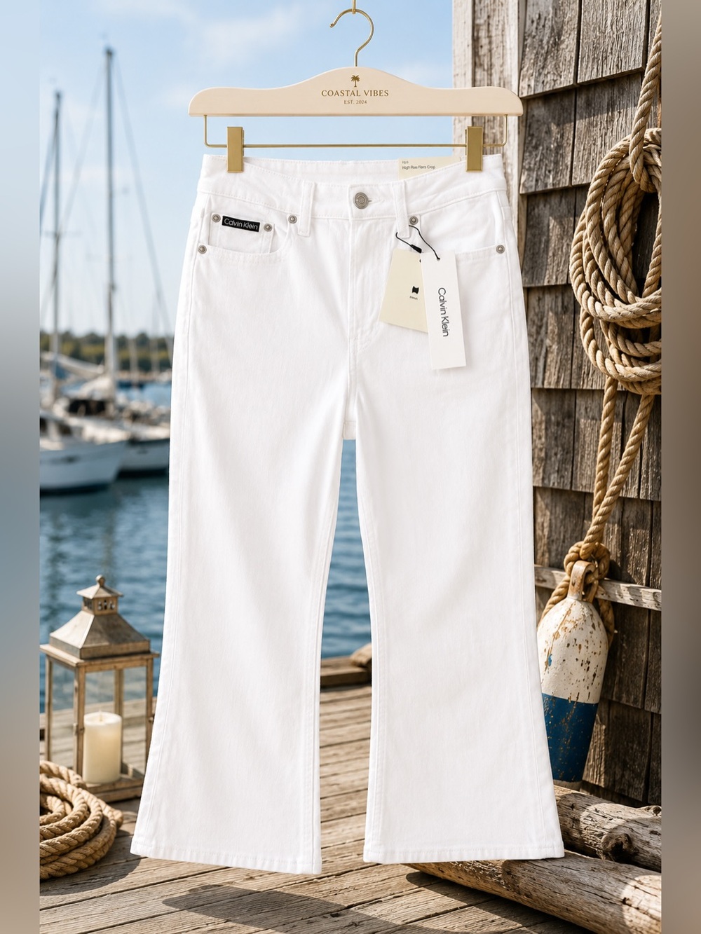 NWT Calvin Klein High Rise Flare Crop Jeans White Stretch Size 26 - Picture 15 of 16